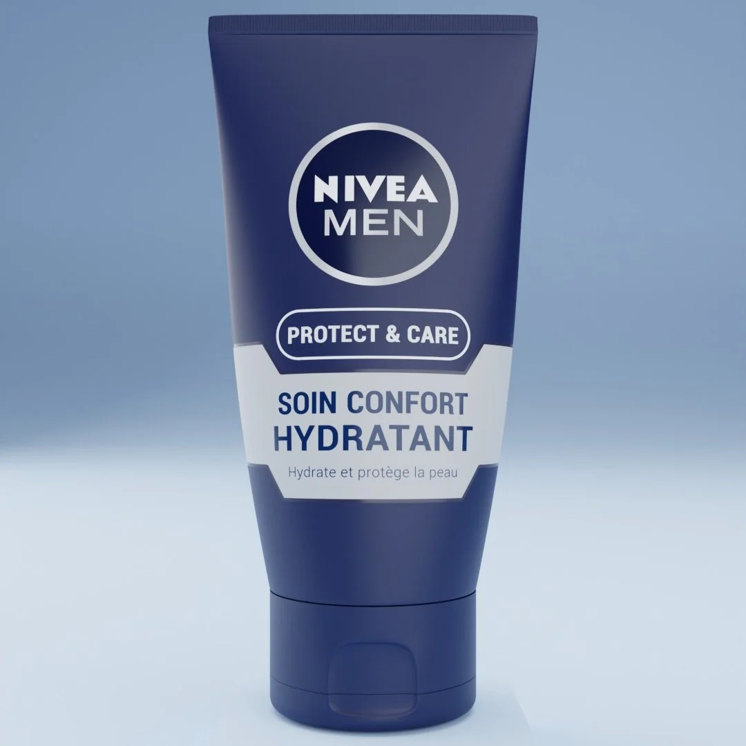 A blue tube of Nivea Men Protect and Care Hydrating Comfort Cream with French text, standing upright against a gradient blue background.