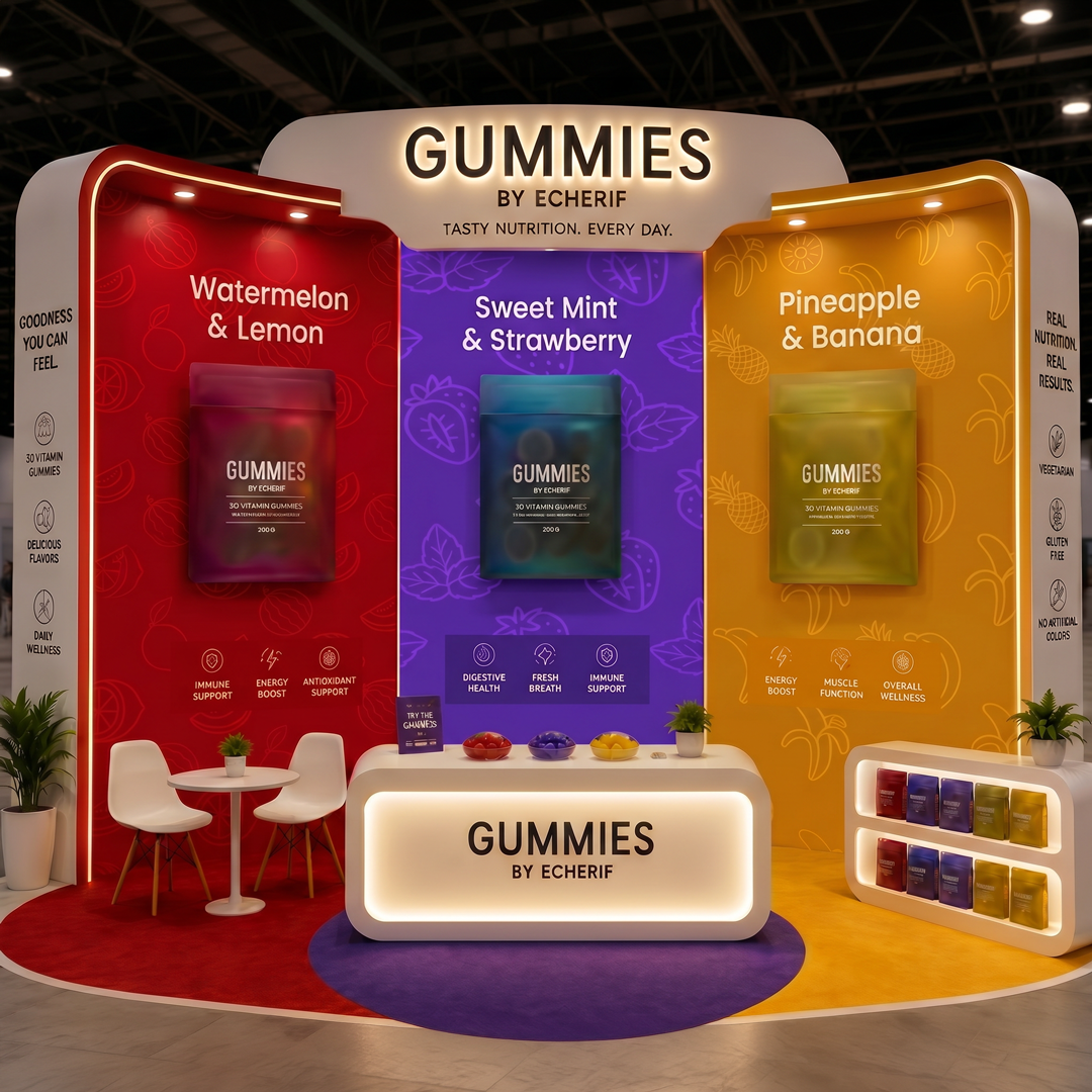 Trade show booth display for Echerif's vitamin gummies, featuring three flavors: Watermelon & Lemon, Sweet Mint & Strawberry, and Pineapple & Banana, with colorful packaging and branding.