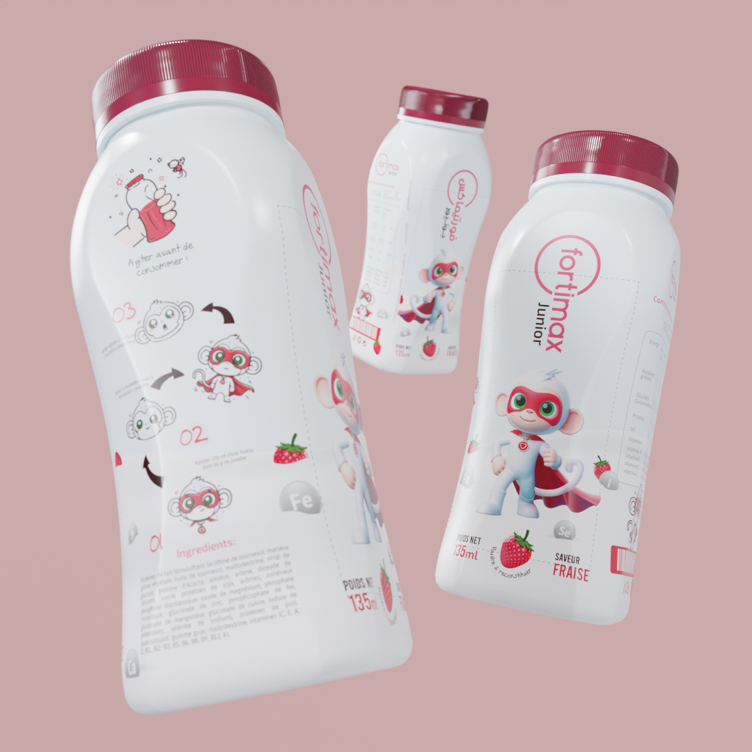 Three white plastic bottles of Tertimax Junior strawberry-flavored supplement, with red caps and cartoon monkey superhero characters on the bottles, displayed against a pink background.