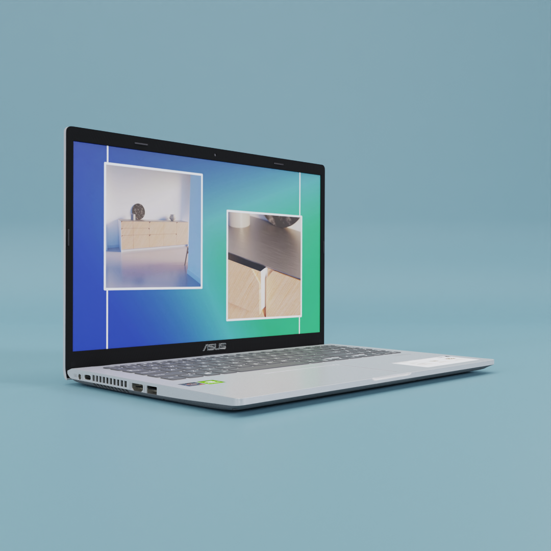 An ASUS laptop with the screen displaying two images of furniture pieces against a blue and green gradient background.