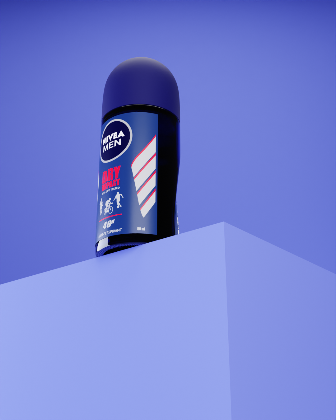 A Nivea Men dry impact antiperspirant deodorant can on a blue surface with a blue background.
