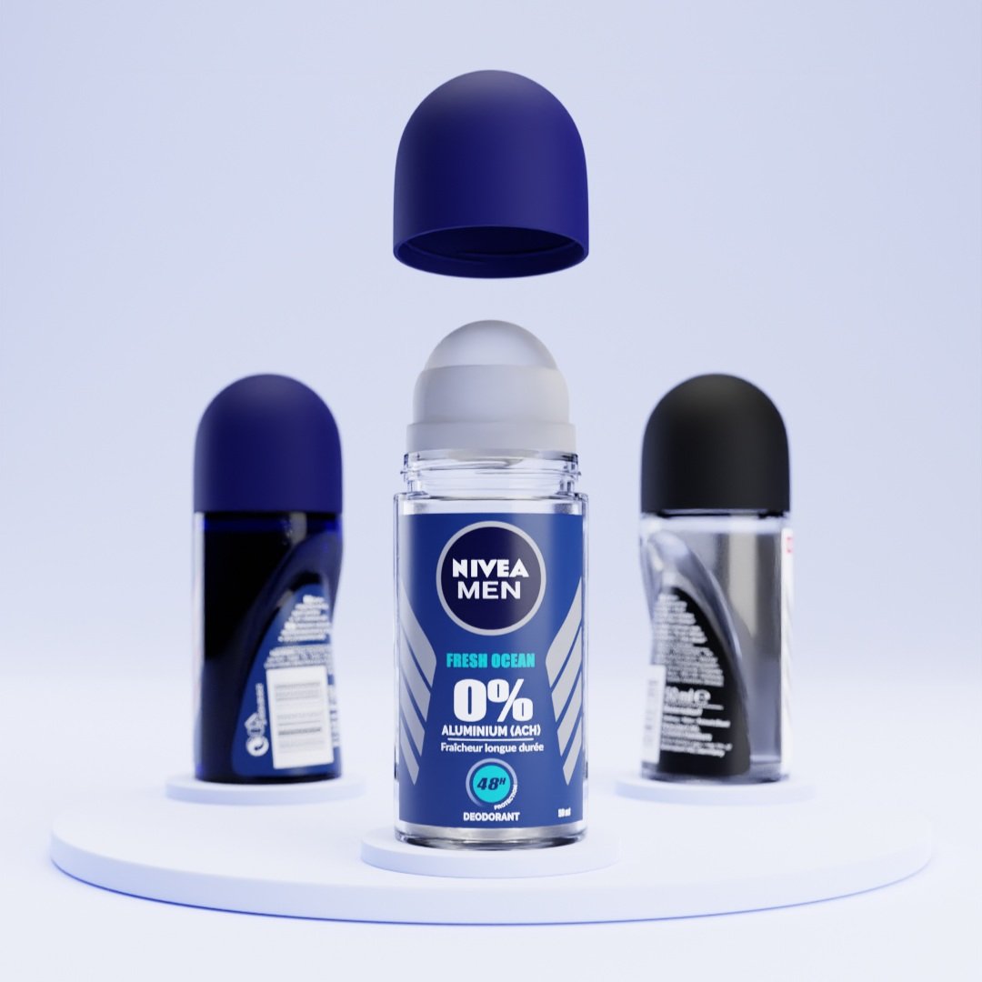 Three deodorant bottles on a white circular platform, with one open Nivea Men Fresh Ocean deodorant in the center and two closed bottles on each side, against a plain background.