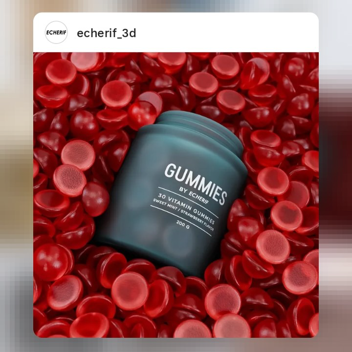 A container of vitamin gummies surrounded by red gummy candies.