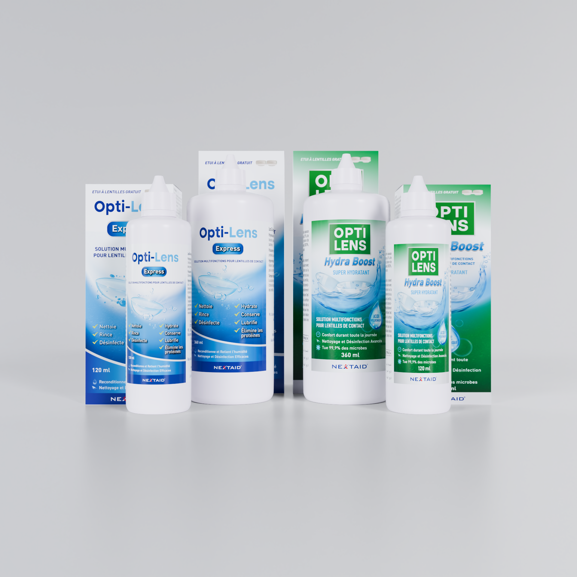 Collection of Opti-Lens contact lens cleaning and disinfecting solutions in bottles and boxes on a white background.