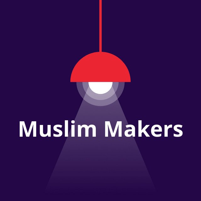 Logo avec une lampe rouge éclairant le texte "Muslim Makers" en blanc sur un fond violet foncé.