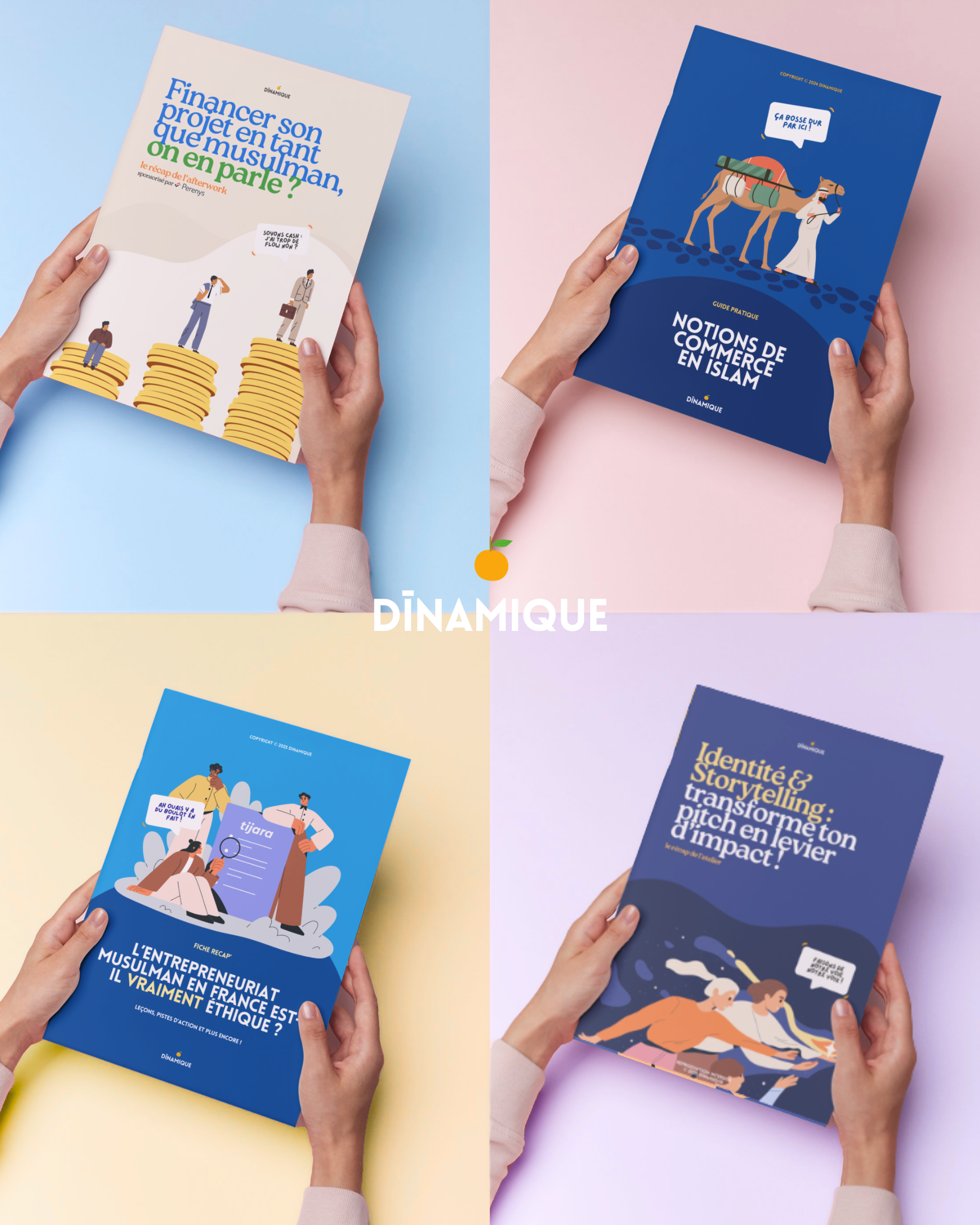 Collection de quatre ressources Dinamique, traitant de sujets liés à la finance et au commerce en Islam, à l'entrepreneuriat musulman en France, et à la transformation à travers le pitch et le storytelling.