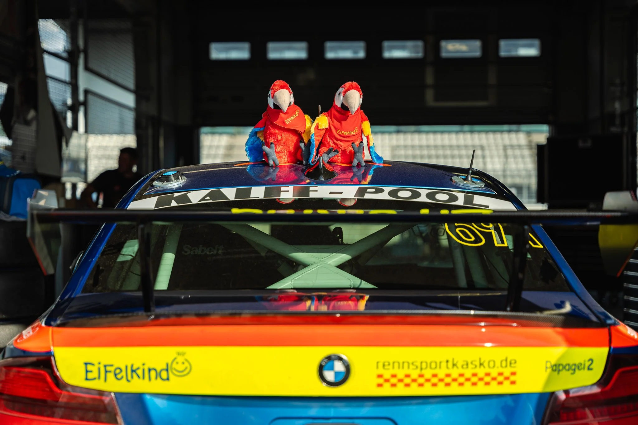 A racing car in a garage with two colorful parrots on the roof wearing red scarves, surrounded by team members and equipment.