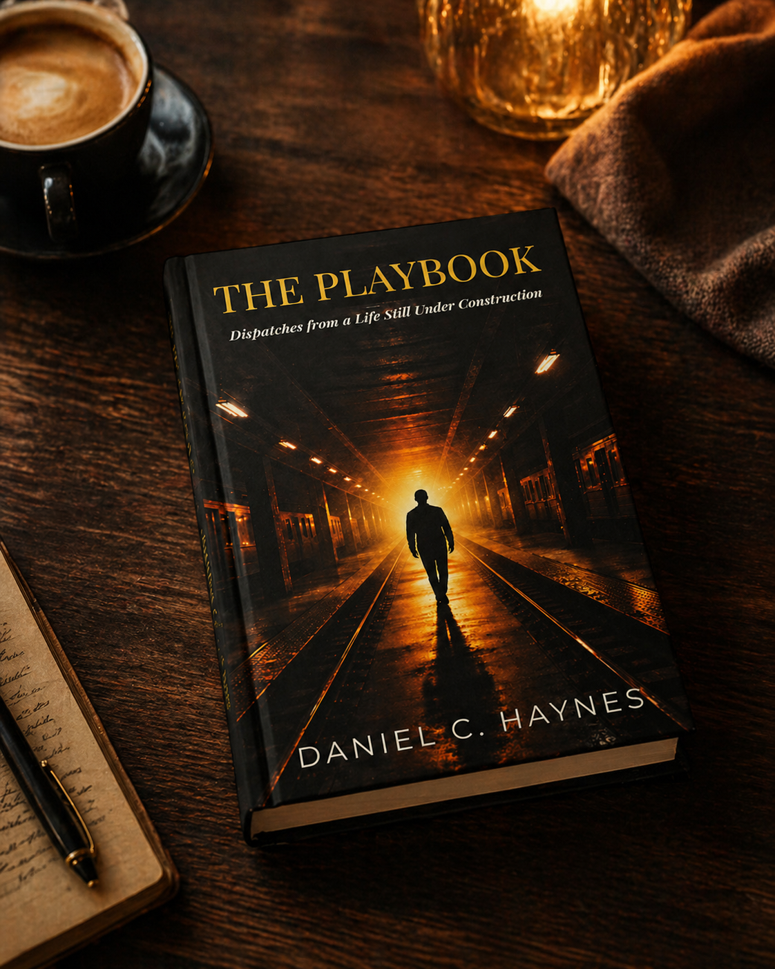 A cover image of The Playbook with a silhoutte walking to light at the end of a tunnel.