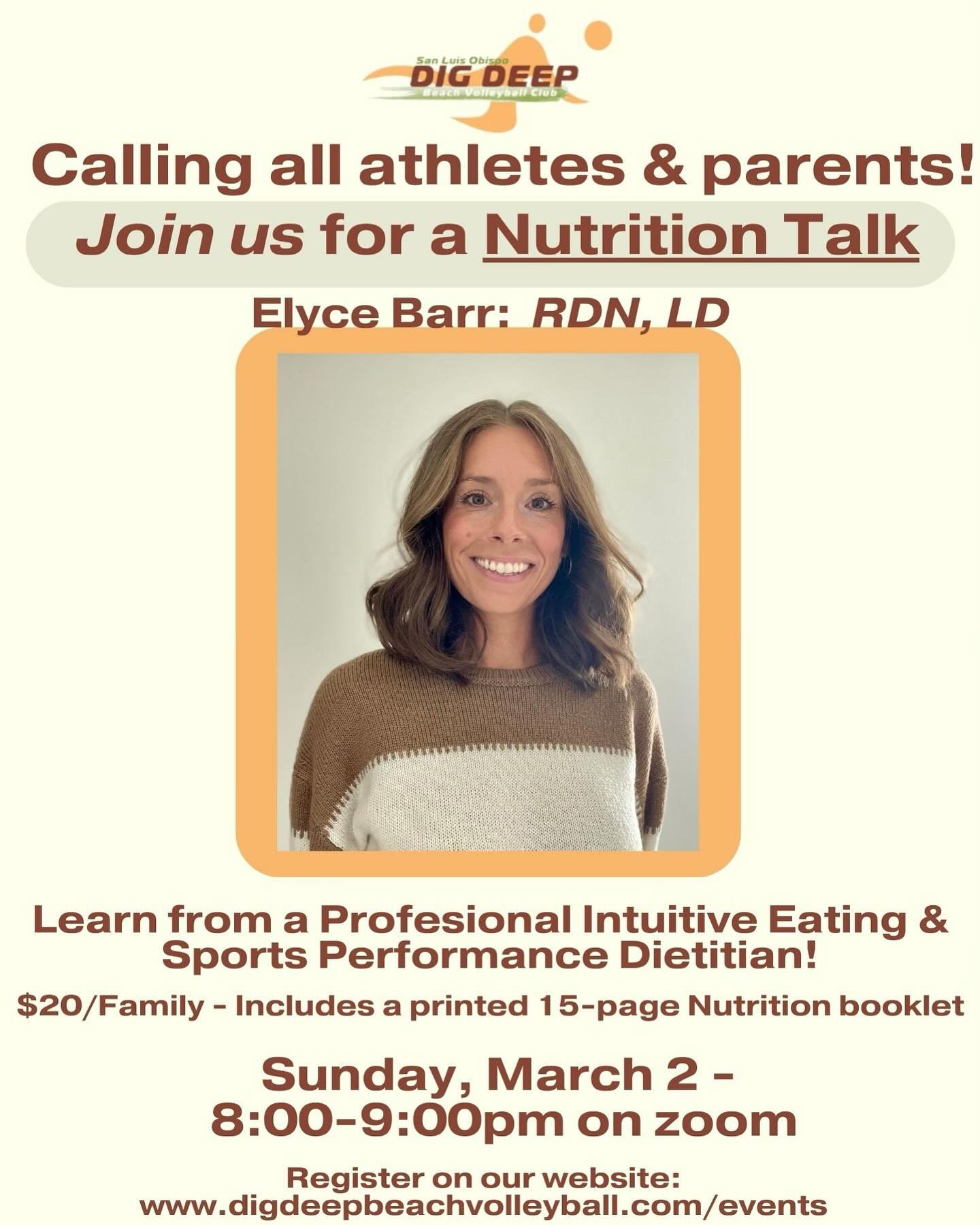 Attention Athletes &amp; Parents! 

Our Nutrition Talk with Elyce Barr will now be 8:00-9:00 PM via zoom! 

We can&rsquo;t wait to learn from a professional about how we can fuel our bodies so we can better perform on the court, among many other topi