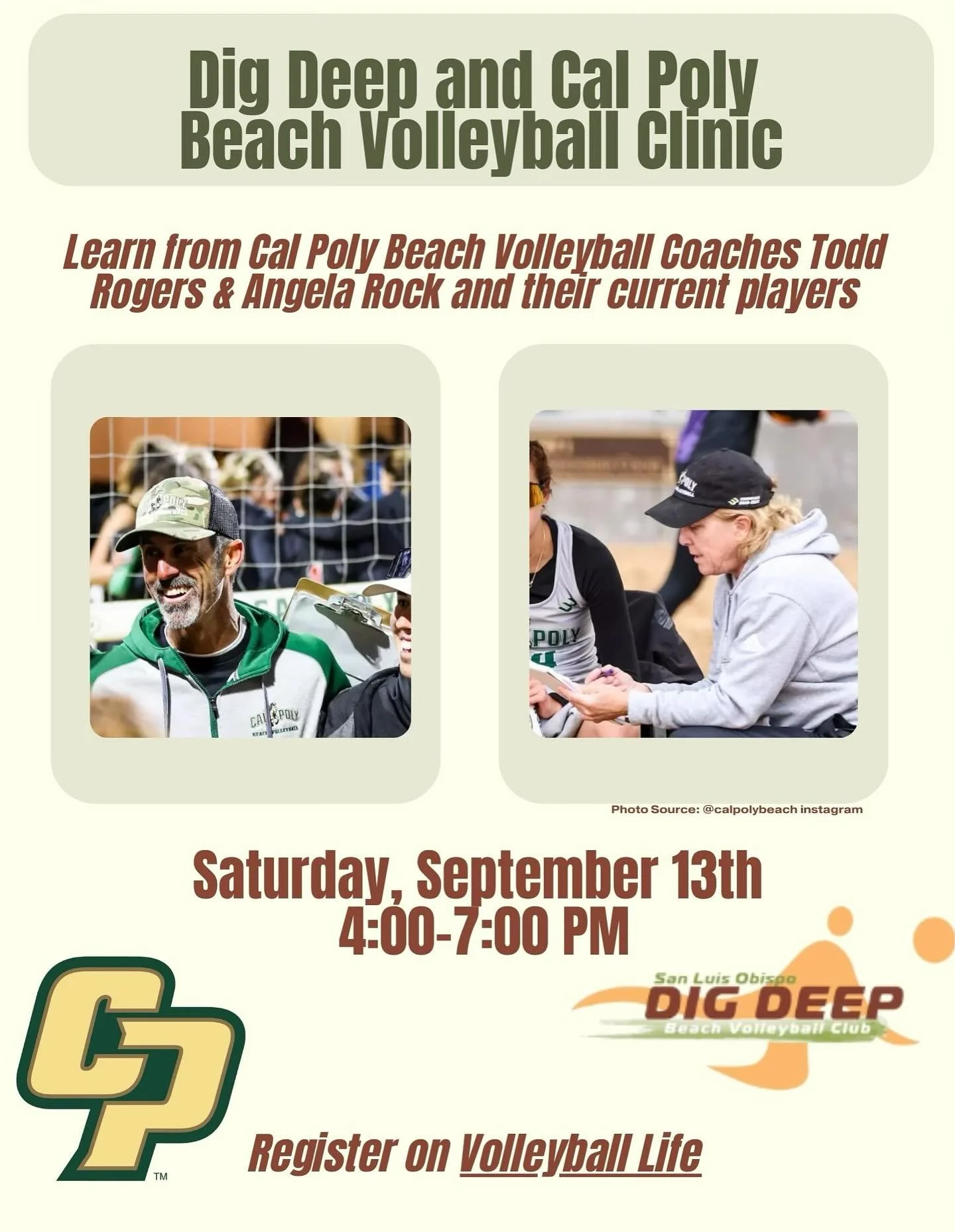 Come out and join us on Saturday, September 13th at Swanson Beach Volleyball Complex for our first-ever collab with @calpolybeach ! 🐎

This 3-hour clinic will include lots of instruction, play, and a Q&amp;A. Todd and Angela both offer a wealth of b