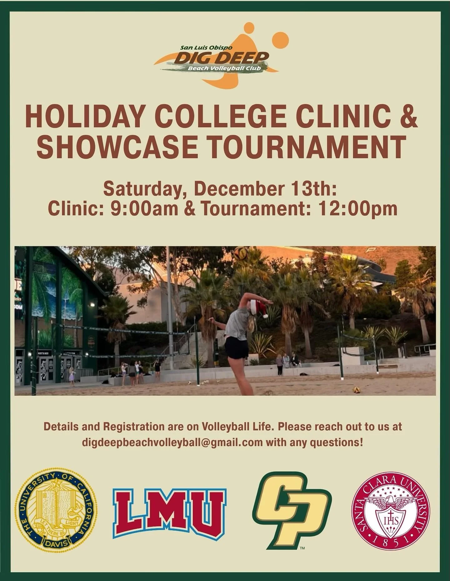 Swipe for lots of important info on our Holiday College Clinic and Showcase Tournament on Saturday, December 13th!🎄🏐 

Come out and get noticed by top NCAA Division I schools in California!!! 🙌

Schools in attendance: 

@ucdavisbeachvb 
@lmulionsb