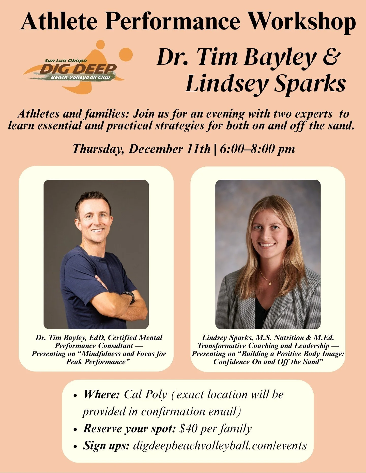 Attention Athletes AND Parents! We are having our first-ever Athlete Performance Workshop! Come learn about different strategies from speakers @timbayley800 &amp; @lindseysparks so you can be your best on and off the sand! 

There will be a Q&amp;A a