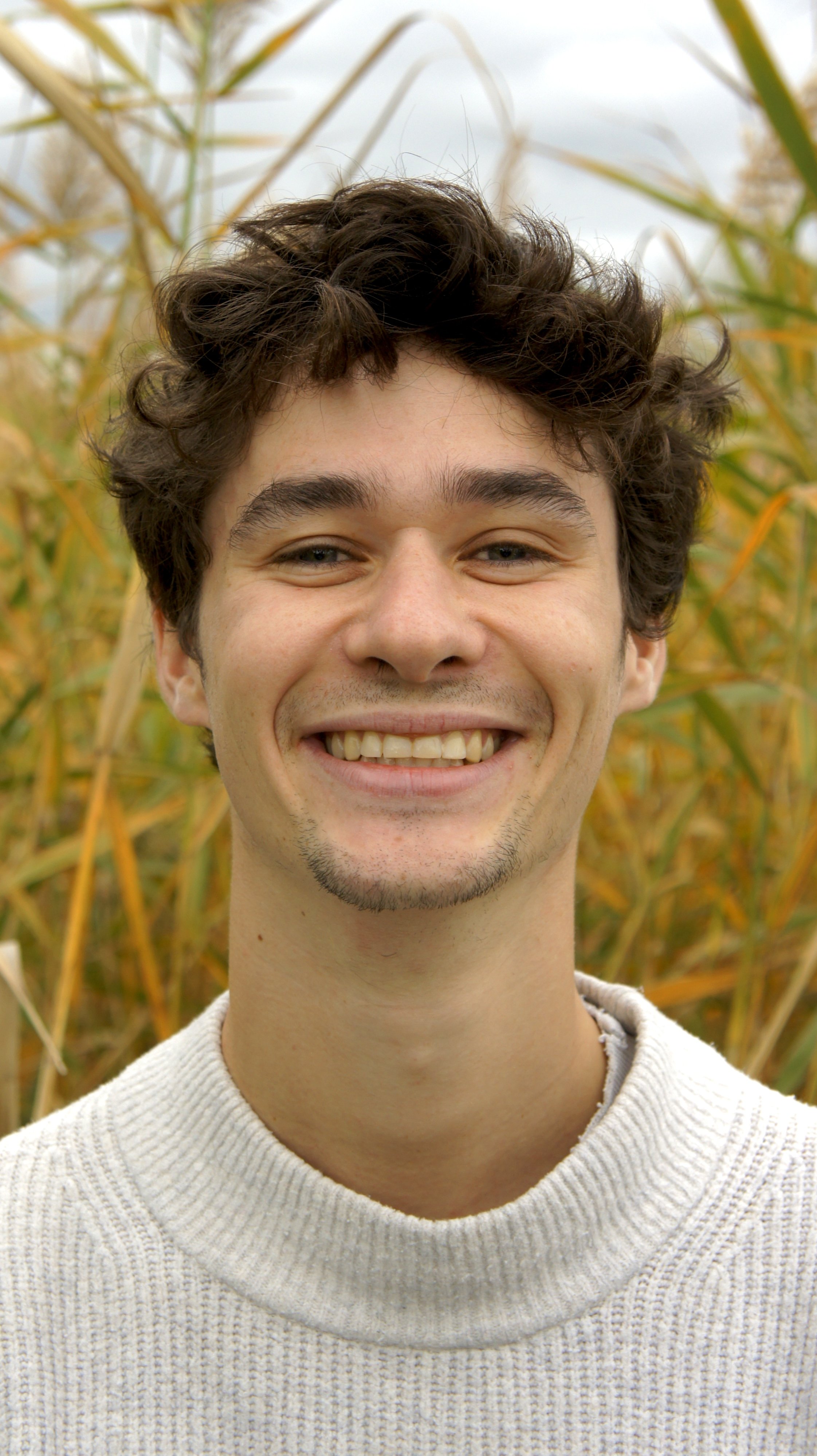 Close-up of a young man with curly brown hair smiling outdoors with tall yellowed plants in the background.