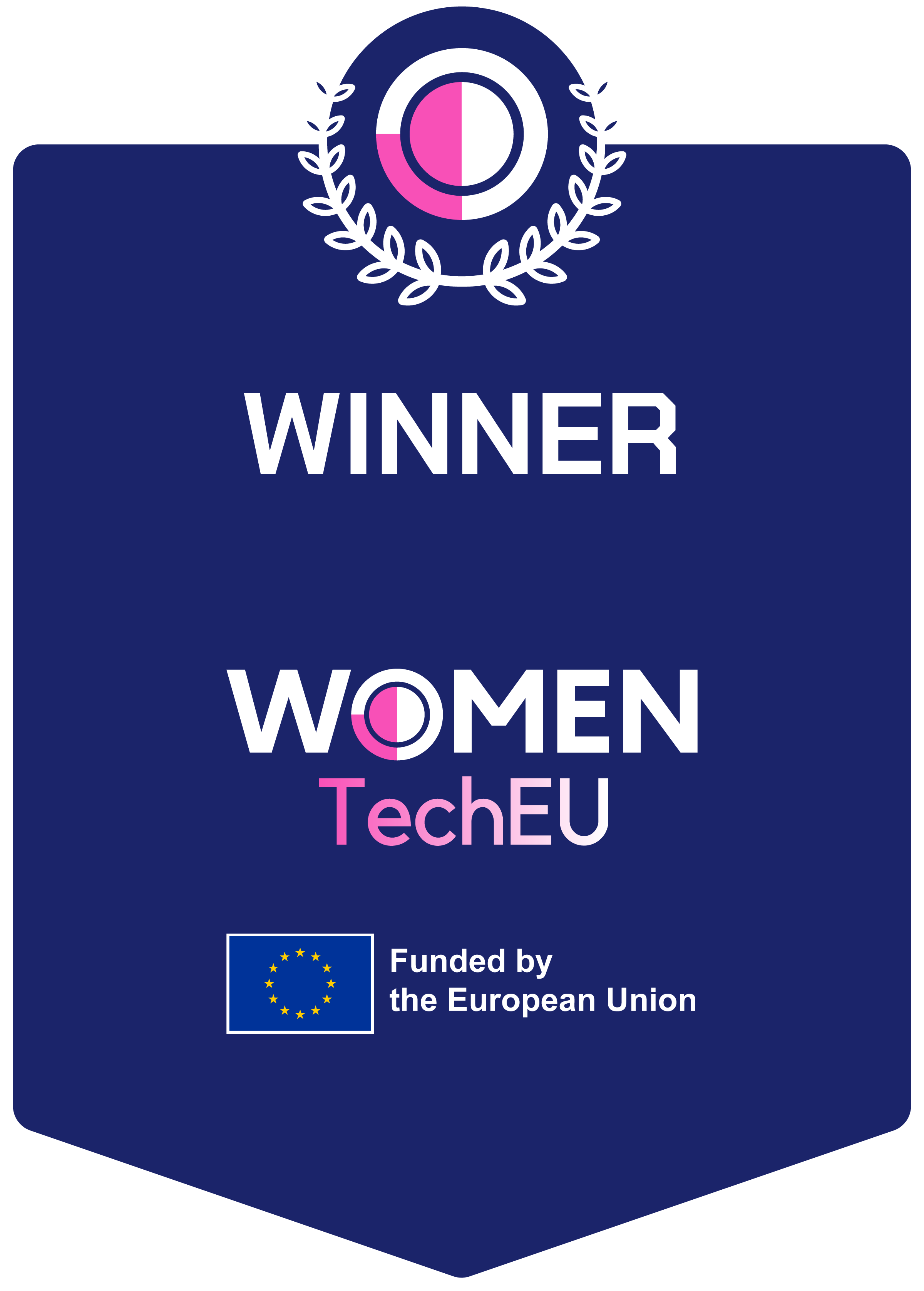 Blue badge with white and pink text, reading 'WINNER WOMEN TechEU', and a logo of the European Union with stars, stating 'Funded by the European Union'.