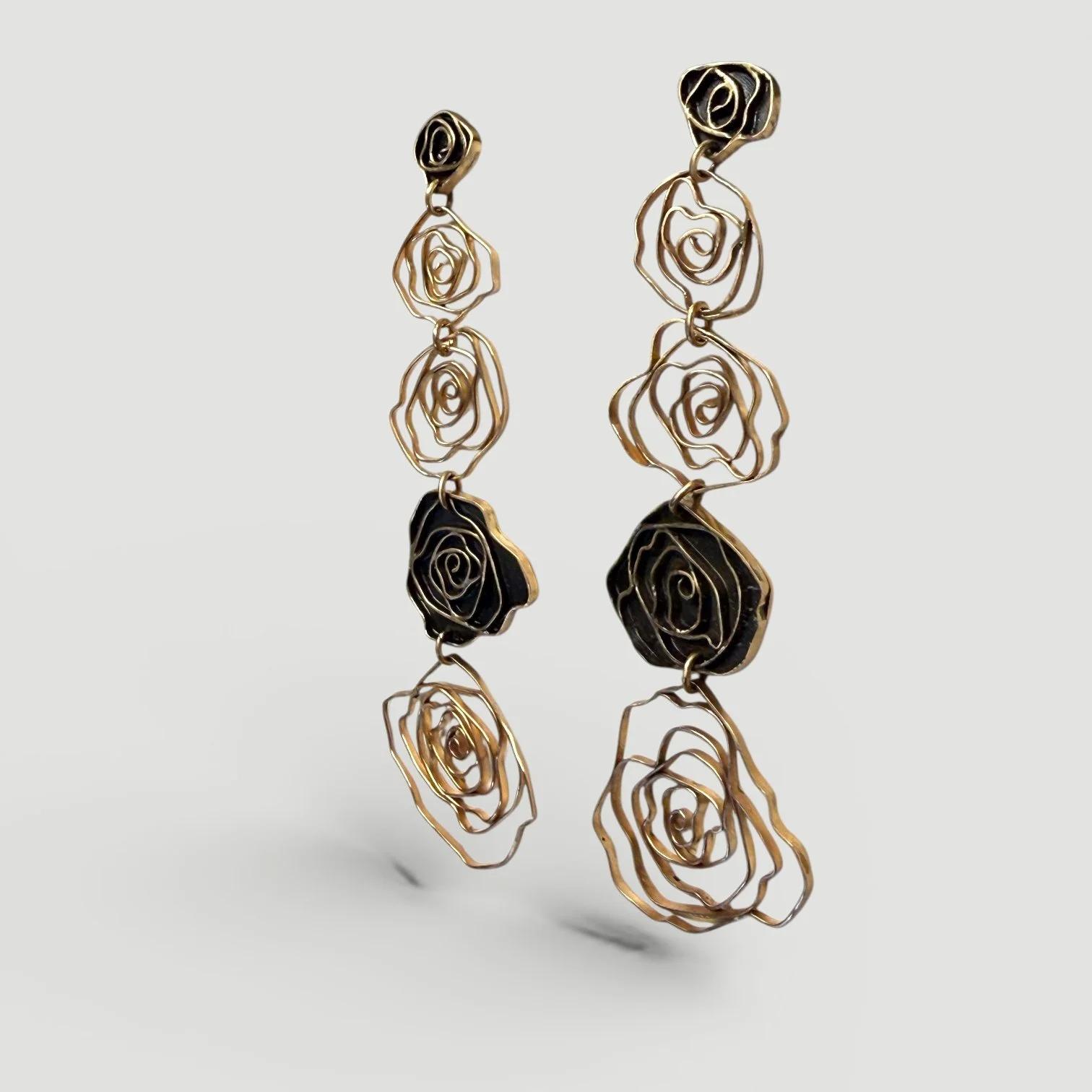 Long “Rose” Dangle Earrings in Golden Bronze II
