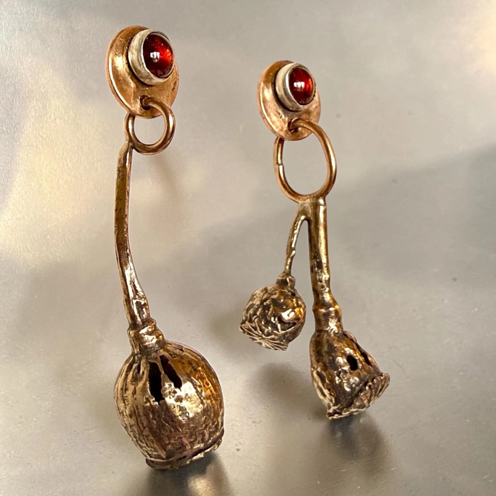 Bronze Poppy Pod Earrings with Red Garnets