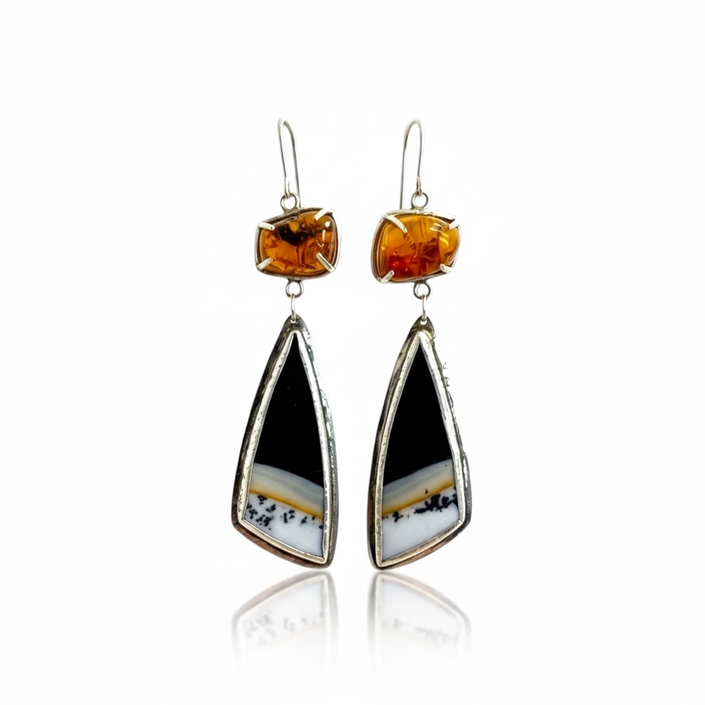 Desert Night Earrings, featuring Mexican Agate and Amber, set in Sterling Silver