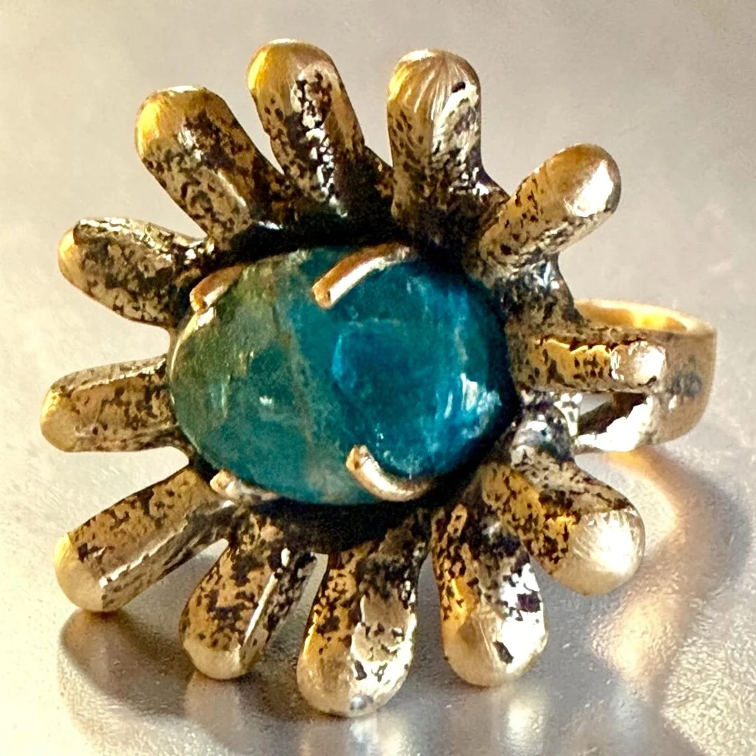 Bold Antique-like  Bronze Ring with Deep Blue Apatite Stone