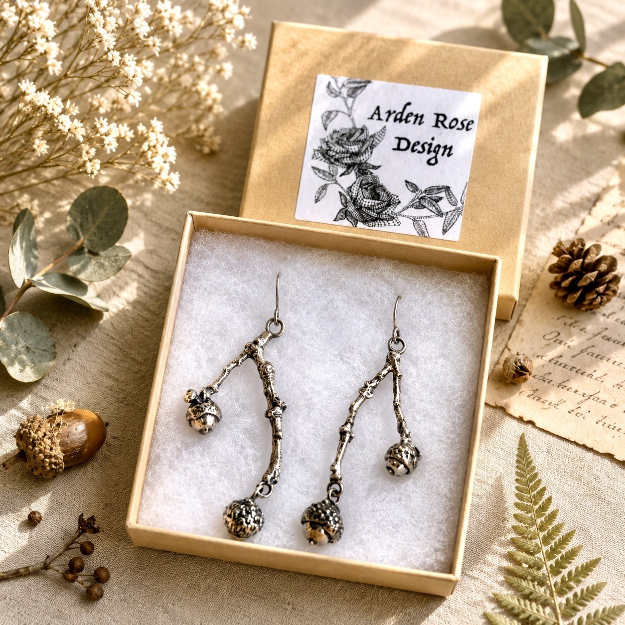 Acorns on Branches Sterling Silver Earrings