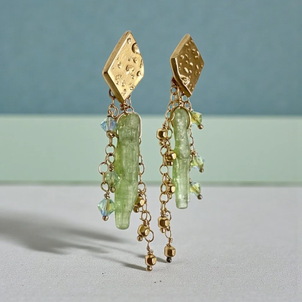 Handmade Green Kyanite Dangle Earrings, with Swarovski Crystal, in Golden Bronze