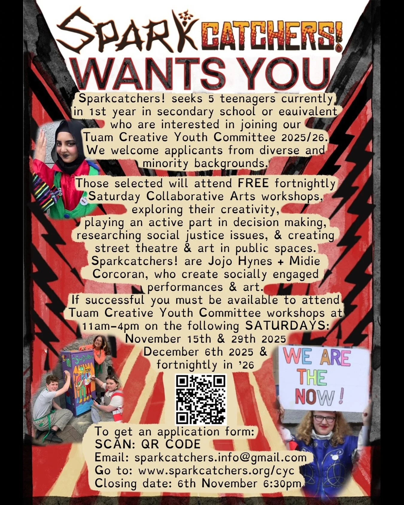 SPARKCATCHERS! WANTS YOU ⬇️
Sparkcatchers! seeks 5 teenagers currently in 1st year in secondary school or equivalent who are interested in joining our Tuam Creative Youth Committee 2025/26.
We welcome applicants from diverse and minority backgrounds.