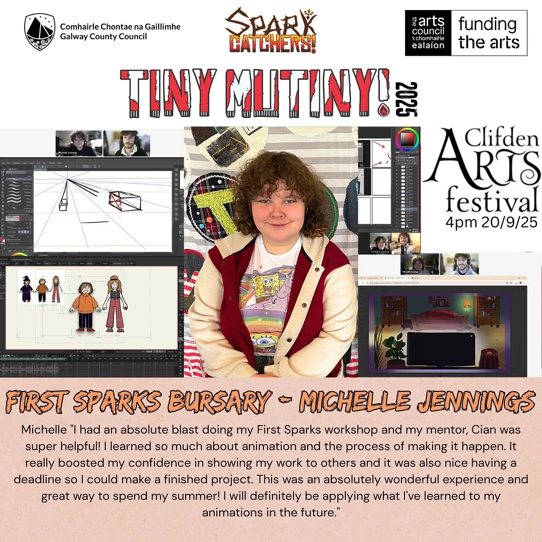 Introducing Michelle Jennings our First Sparks digital animator mentored by Cian Killalea @cian_killalea

Come along see Michelle&rsquo;s Digital animation at Tiny Mutiny &lsquo;25 FREE arts event
for Clifden Arts Festival
4pm on Saturday 20th Septem