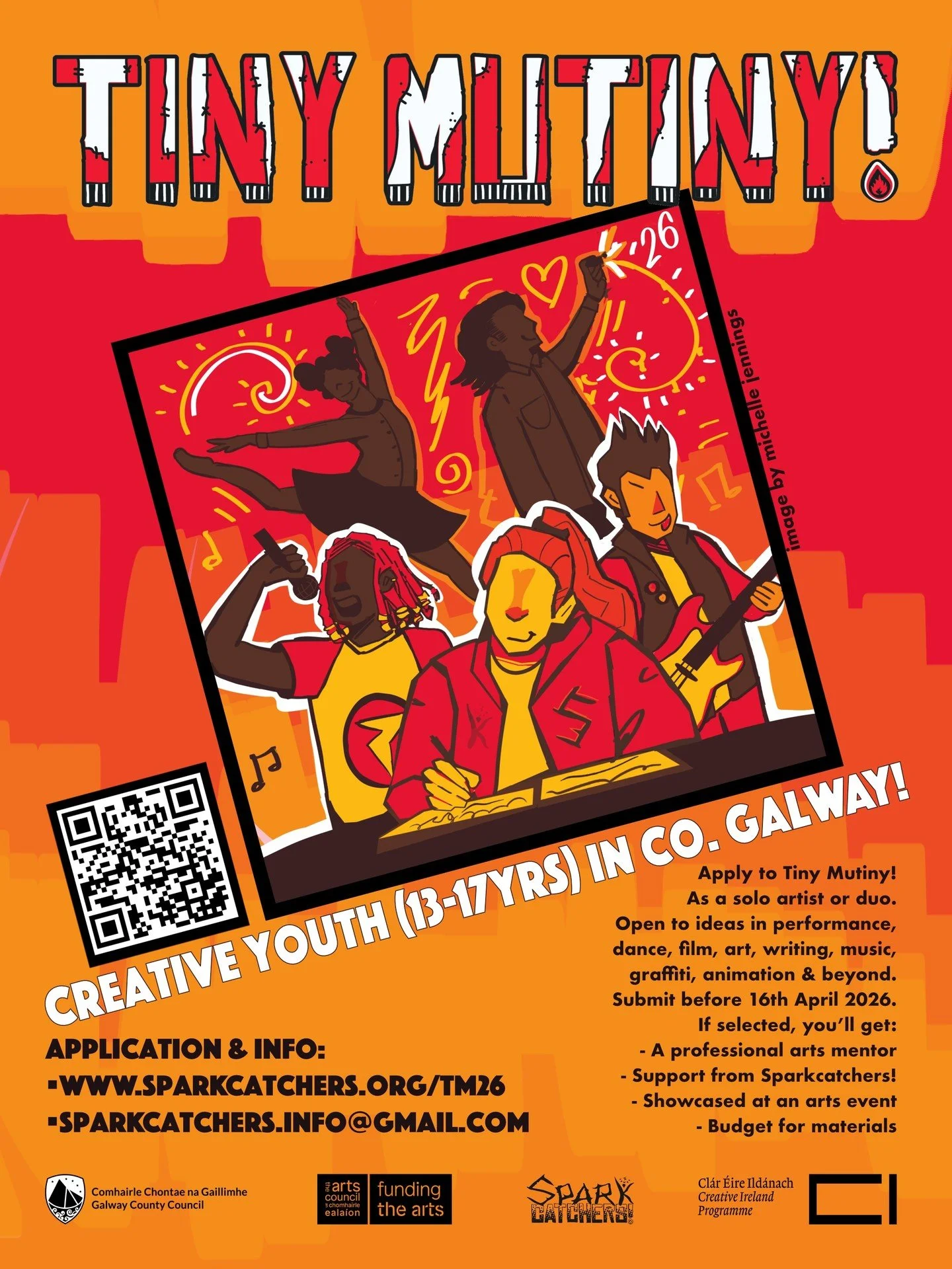 Creative Youth (13-17yrs) living in Co. Galway! Apply to Tiny Mutiny! 
As a solo artist or duo.
Open to ideas in performance, dance, 
film, art, writing, music, graffiti, 
animation &amp; beyond.

Submit before 12 noon on 16th April 2026
Applications