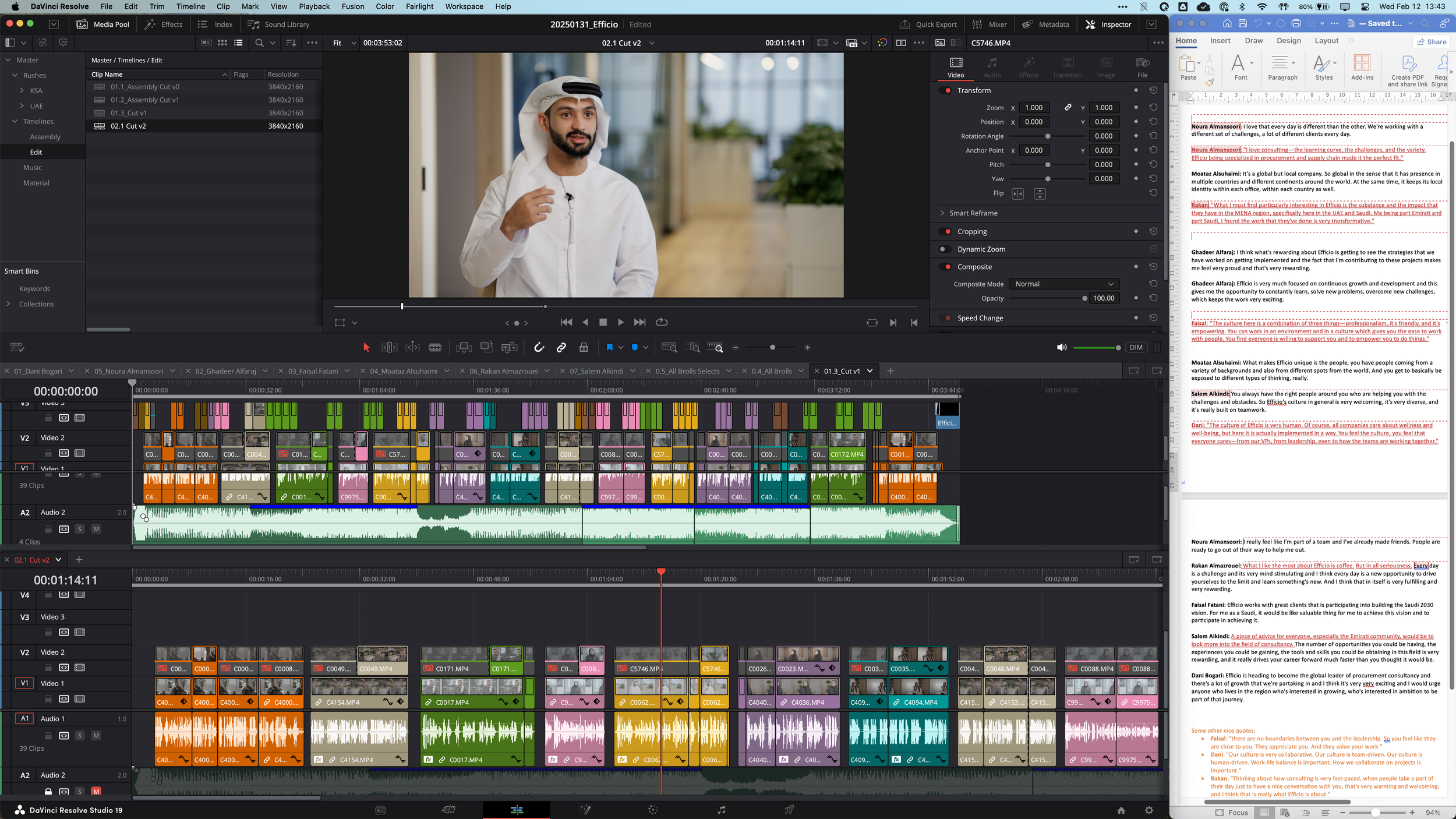 Screenshot of video editing software showing a man in traditional Middle Eastern attire speaking in a video interview, with subtitles and a timeline of video and audio clips at the bottom.