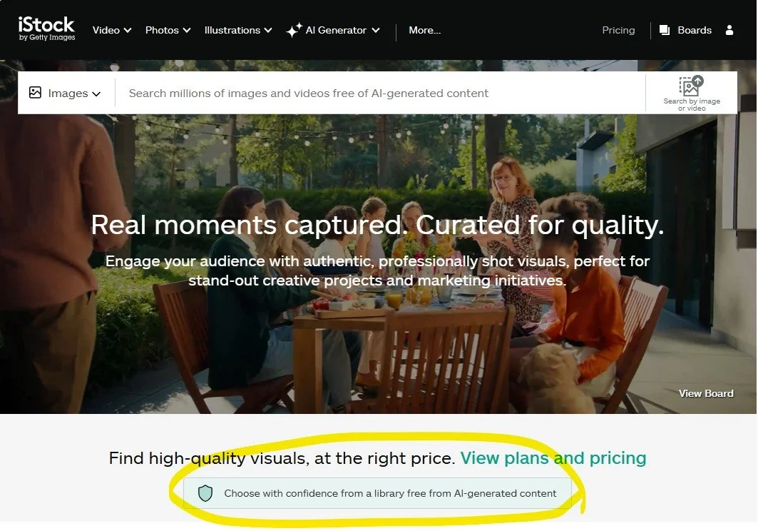 Screenshot of the istockphoto.com home page that displays the following text "Choose with confidence from a library free from AI-generated content"