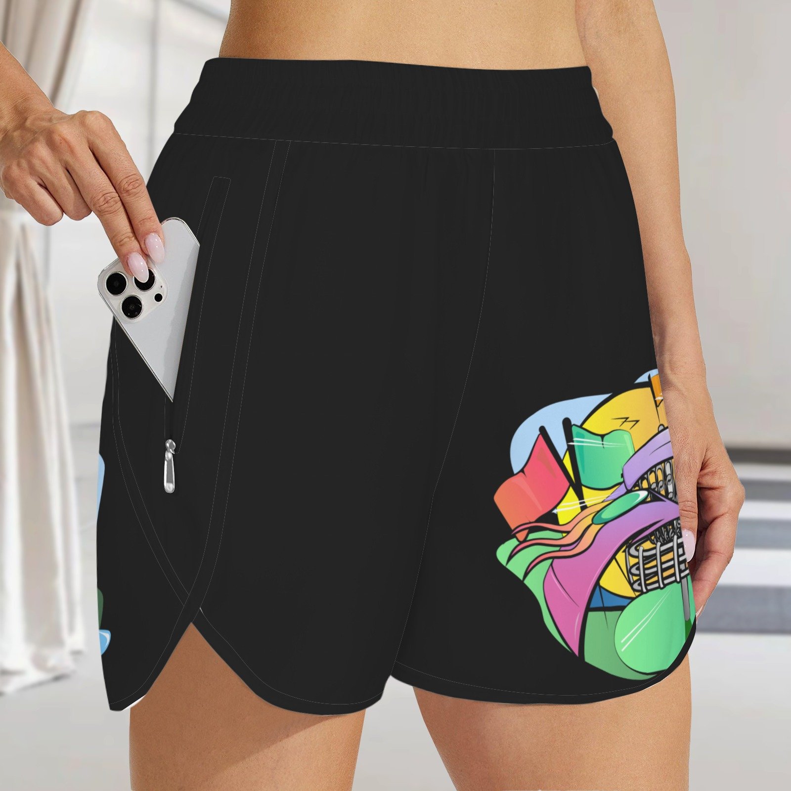 Disc Golf Graffiti Pattern - Women's Disc Golf Performance Shorts with Zipper Pockets