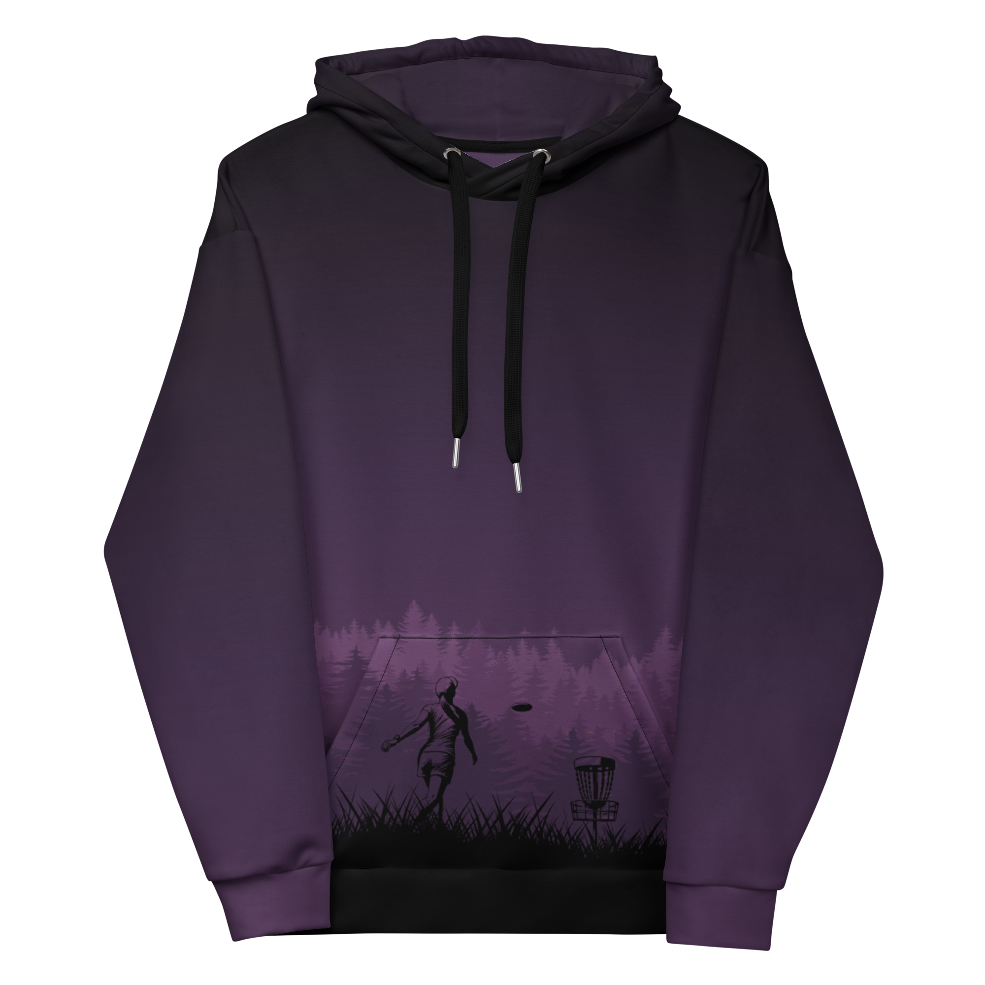 Women's Disc Golf Hoodie Putting in the Forest Purple Front