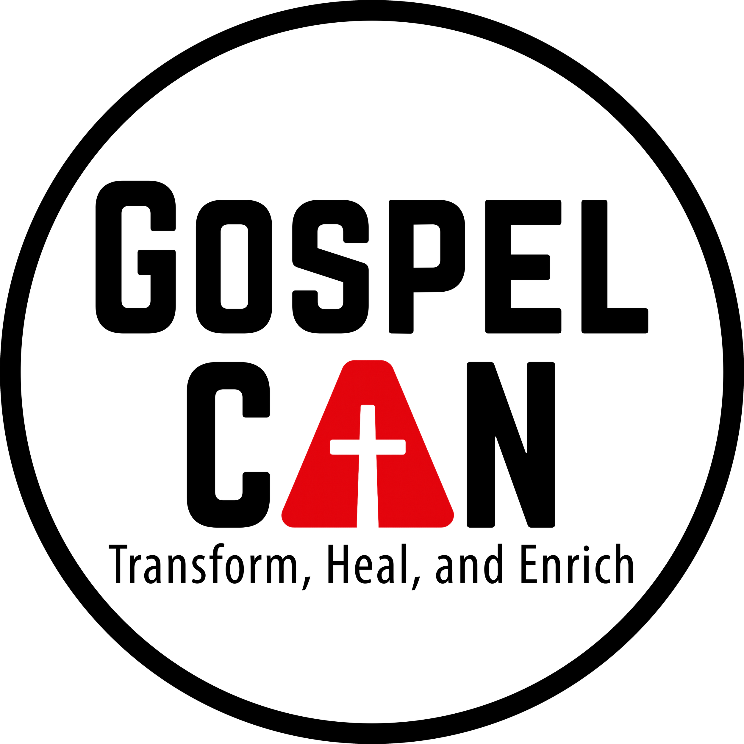Gospel Glean logo with a red cross integrated into text and the tagline 'Transform, Heal, and Enrich'.