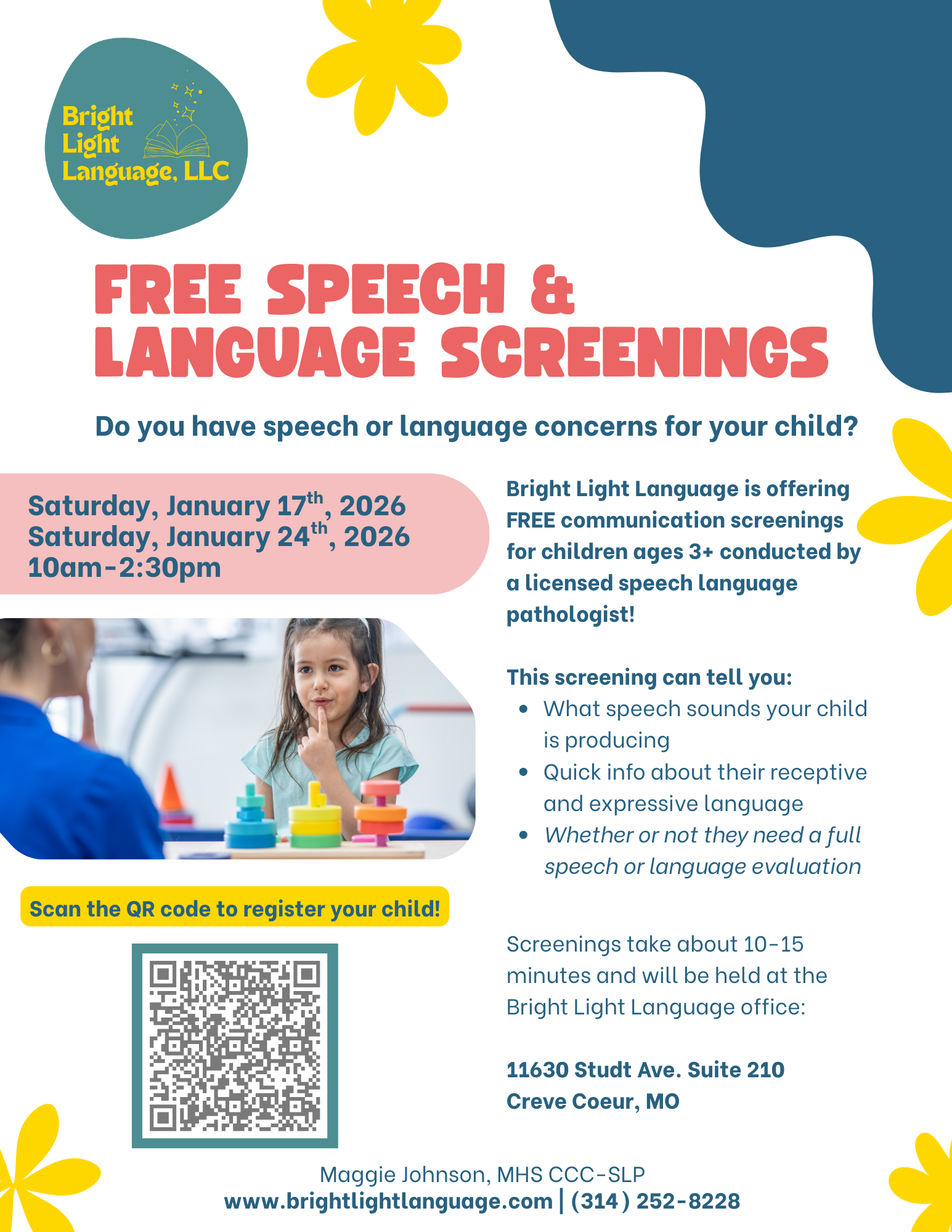 Flyer for Bright Light Language LLC promoting free speech and language screenings for children over 3, scheduled for January 17 and 24, 2026, from 10 am to 2:30 pm, with instructions to register via QR code at the office in Creve Coeur, Missouri.