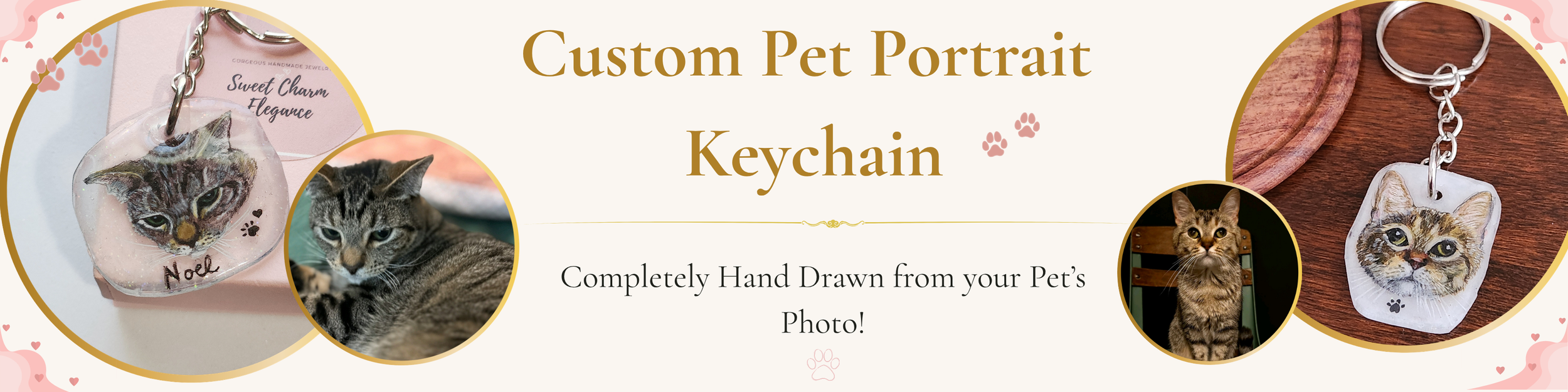 Header image advertising custom pet portrait keychains with photos of cats and their hand-drawn artwork on the keychains.