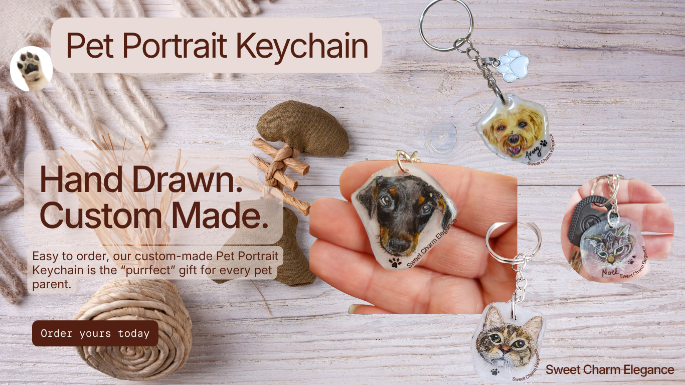 image showing images of hand drawn pet portrait keychain. images of dogs and cats keychain