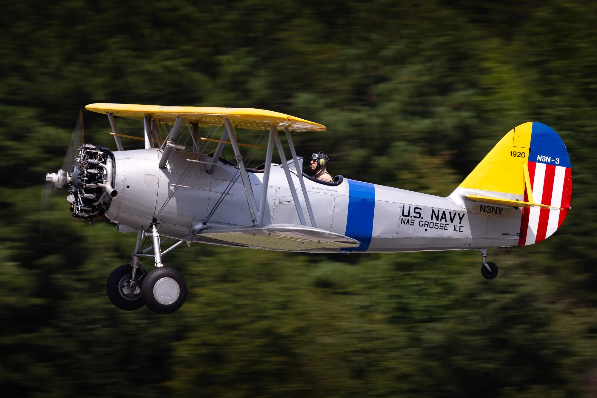 Naval Aircraft Factory N3N-3 (N3NY) landing at St. Mary's County Regional Airport (2W6) following an afternoon sortie over Southern Maryland.