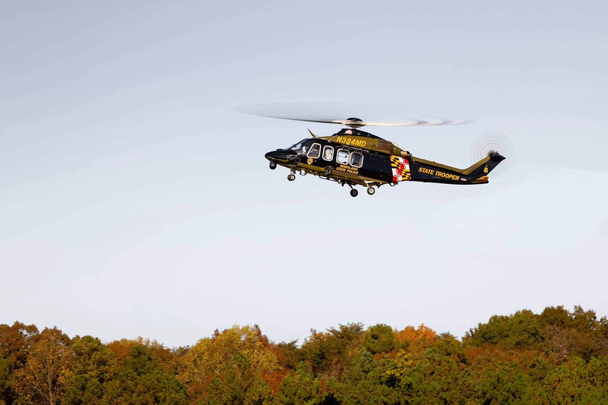 Leonardo AW139 (N384MD), callsign Trooper 7, operated by the Maryland State Police Aviation Command (MSPAC), comes in for a landing at St. Mary’s County Regional Airport (2W6) on a beautiful fall day.