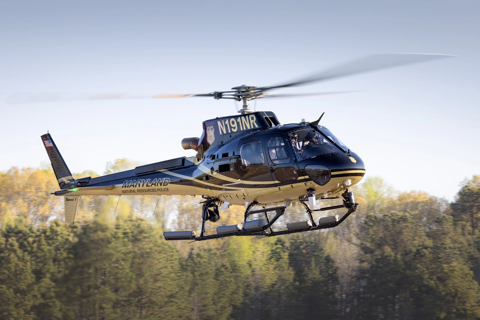 Airbus Helicopters H125 (N191NR), callsign Natural 1, operated by the Maryland Natural Resources Police (NRP) Aviation Unit coming in to land at St. Mary’s County Regional Airport (2W6).