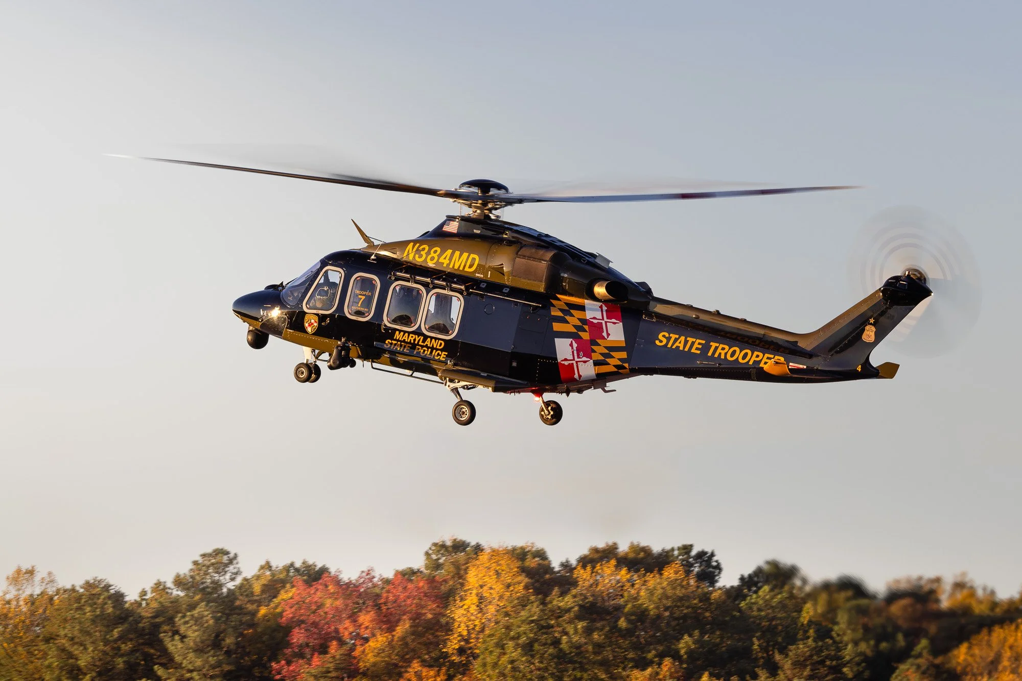 Leonardo AW139 (N384MD), callsign Trooper 7, operated by the Maryland State Police Aviation Command (MSPAC), comes in for a landing at St. Mary’s County Regional Airport (2W6) on a stunning fall evening. 
