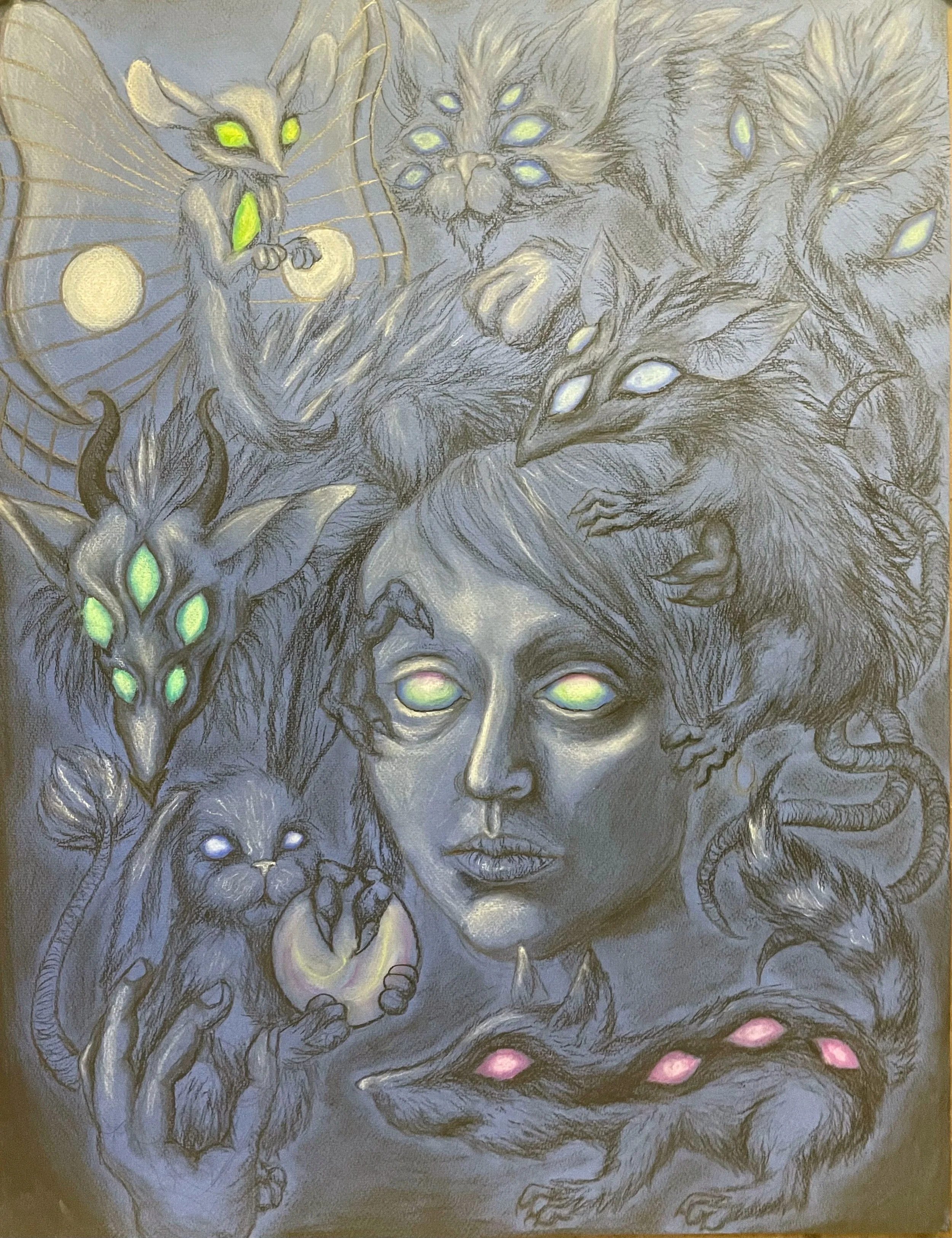 My Creatures - charcoal, graphite, and chalk pastels on blue paper, 20” x 30”, 2024