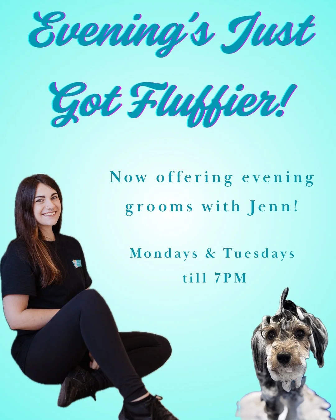 Exciting news!🤩
Our wonderful team member Jenn is now working evenings on Mondays &amp; Tuesdays until 7PM!🥳

Jenn has been an amazing part of our team!She&rsquo;s incredibly talented, with gentle handling skills and a calm approach that helps ever