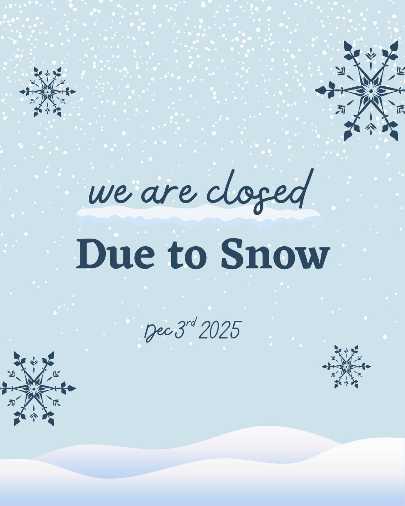 ❄️We are closed today December 3rd due to snow❄️

With the heavy snow and dangerous road conditions, we&rsquo;re unfortunately unable to get to the salon today. We&rsquo;ll be closed and will contact everyone to reschedule. 

Thank you so much for yo