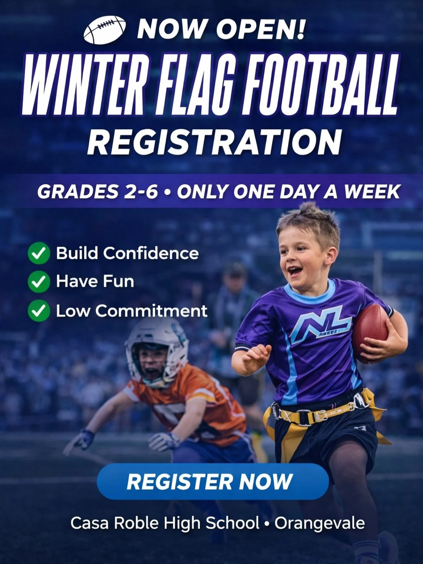 🏈 NOW OPEN: WINTER FLAG FOOTBALL REGISTRATION 🏈
📍 Orangevale | Casa Roble High School

Looking for a fun, low-commitment sport your kids will actually love?
Next Level Flag Football is back &mdash; and we&rsquo;re building teams for Grades 2&ndash