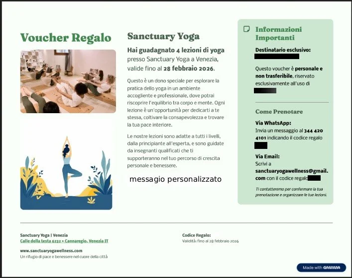 A gift voucher for Sanctuary Yoga in Venice, offering four yoga lessons valid until February 28, 2026. The voucher includes a description of yoga benefits, booking instructions via WhatsApp and email, and contact details for the yoga studio.