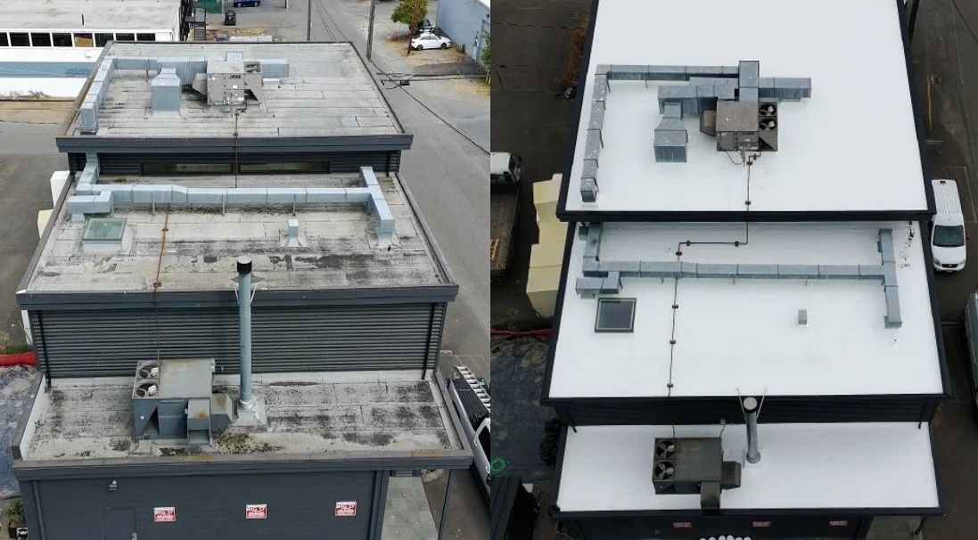 Before and after of a roof coating we just wrapped up at a Seattle photo studio. Roof coatings are an increasingly popular choice for commercial property owners who want to extend the life of their roof at a more cost-effective price. Reach out to us