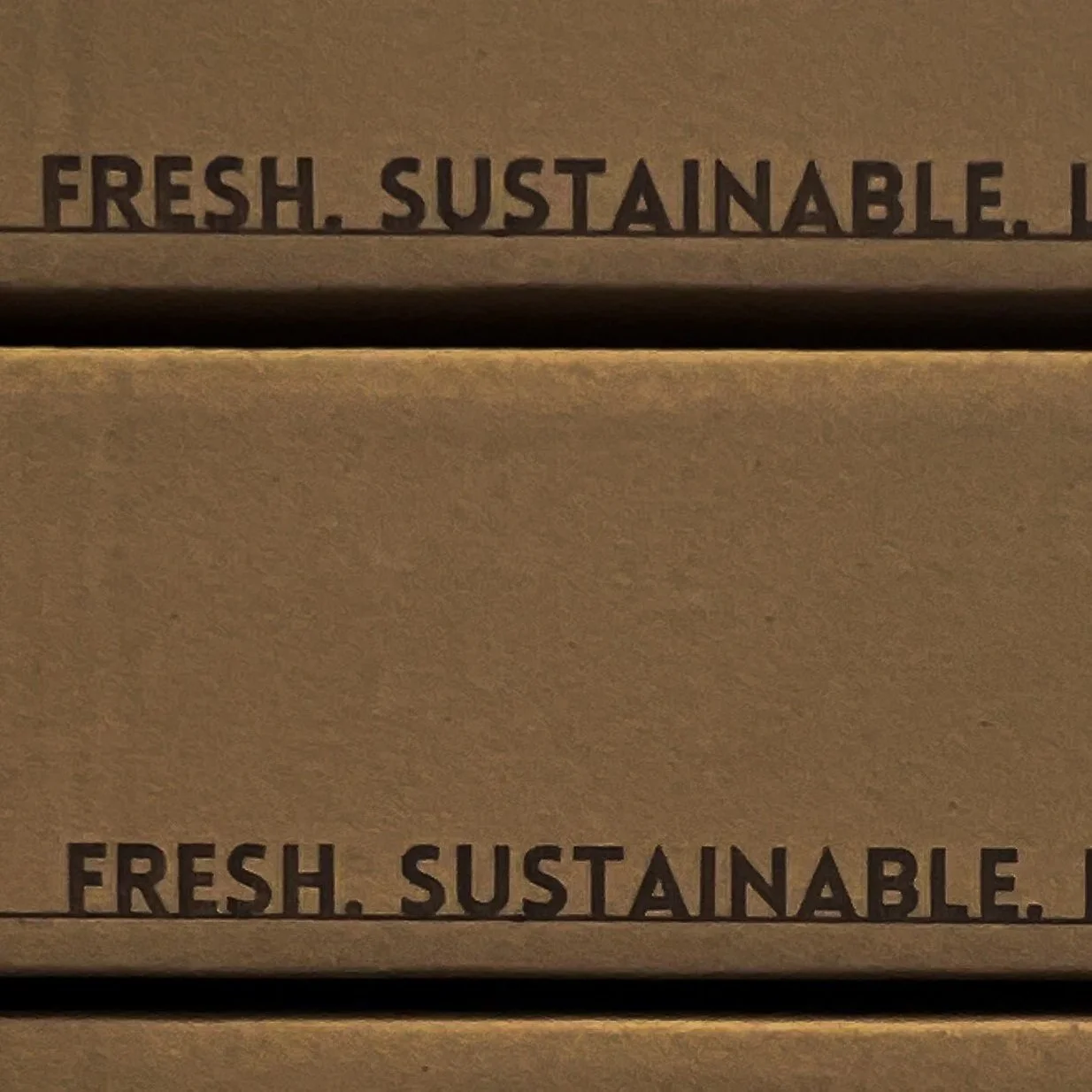 Close-up of cardboard boxes with printed text 'FRESH. SUSTAINABLE.' in black capital letters.