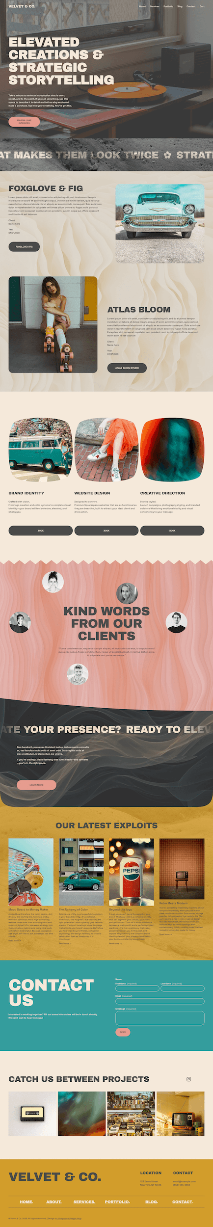 Website homepage for Velvet & Co., featuring a beige background, bold black text, a photo of a straw hat on a poolside tile, and a close-up of a woman with purple eyes and flowers.