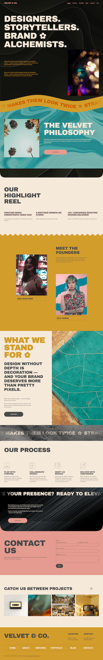 A website homepage for Velvet & Co. featuring large bold text that reads "Designers. Storytellers. Brand Alchemists." alongside a photo of a person holding a large tropical leaf in front of their face, with a pink background and navigation menu at the top.