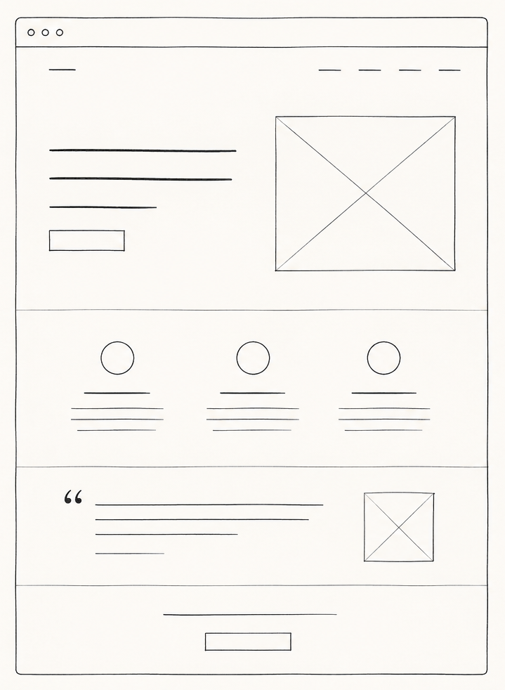 Hand-drawn wireframe sketch showing a website layout with hero section, team section, testimonial block, and call to action — illustrating considered web design structure