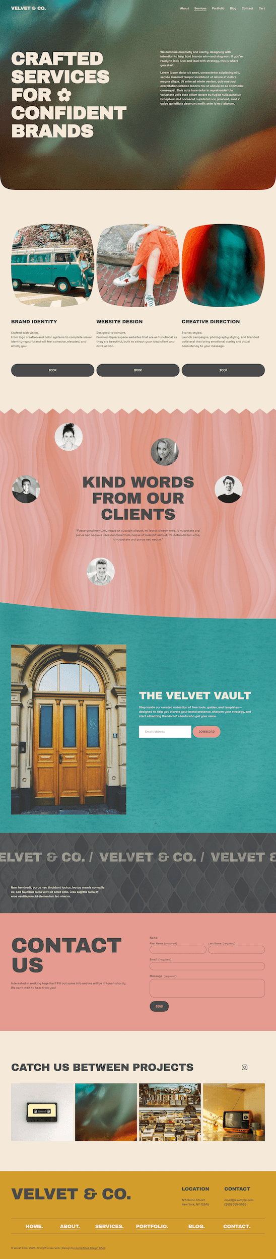Homepage of Velvet & Co. website showcasing their services for confident brands, including brand identity, website design, and creative direction, with navigation menu and sample images.